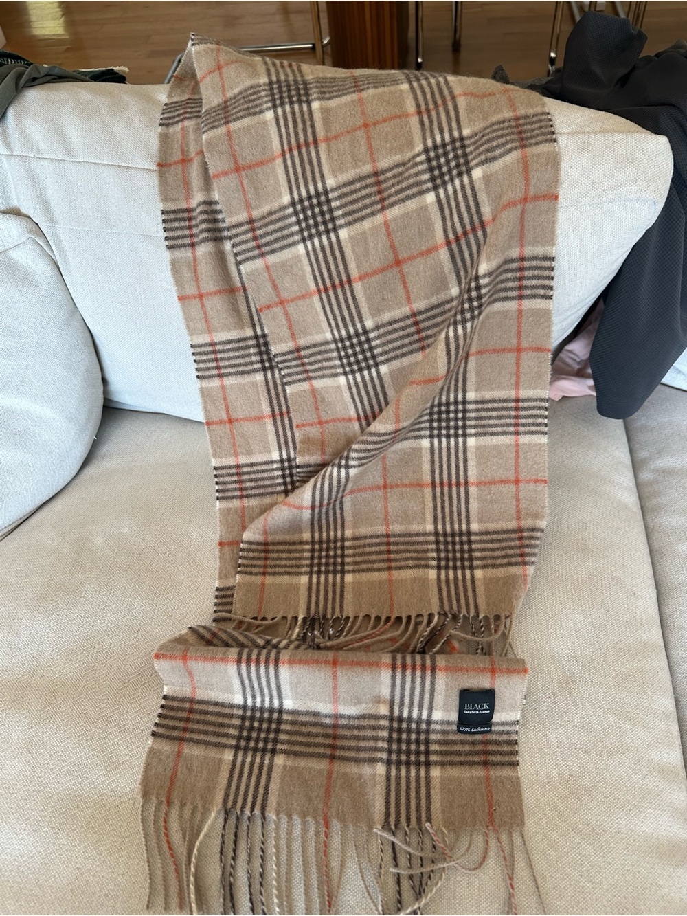 Saks Fifth Avenue Black Label Beige Plaid Cashmere Scarf with Orange Accent